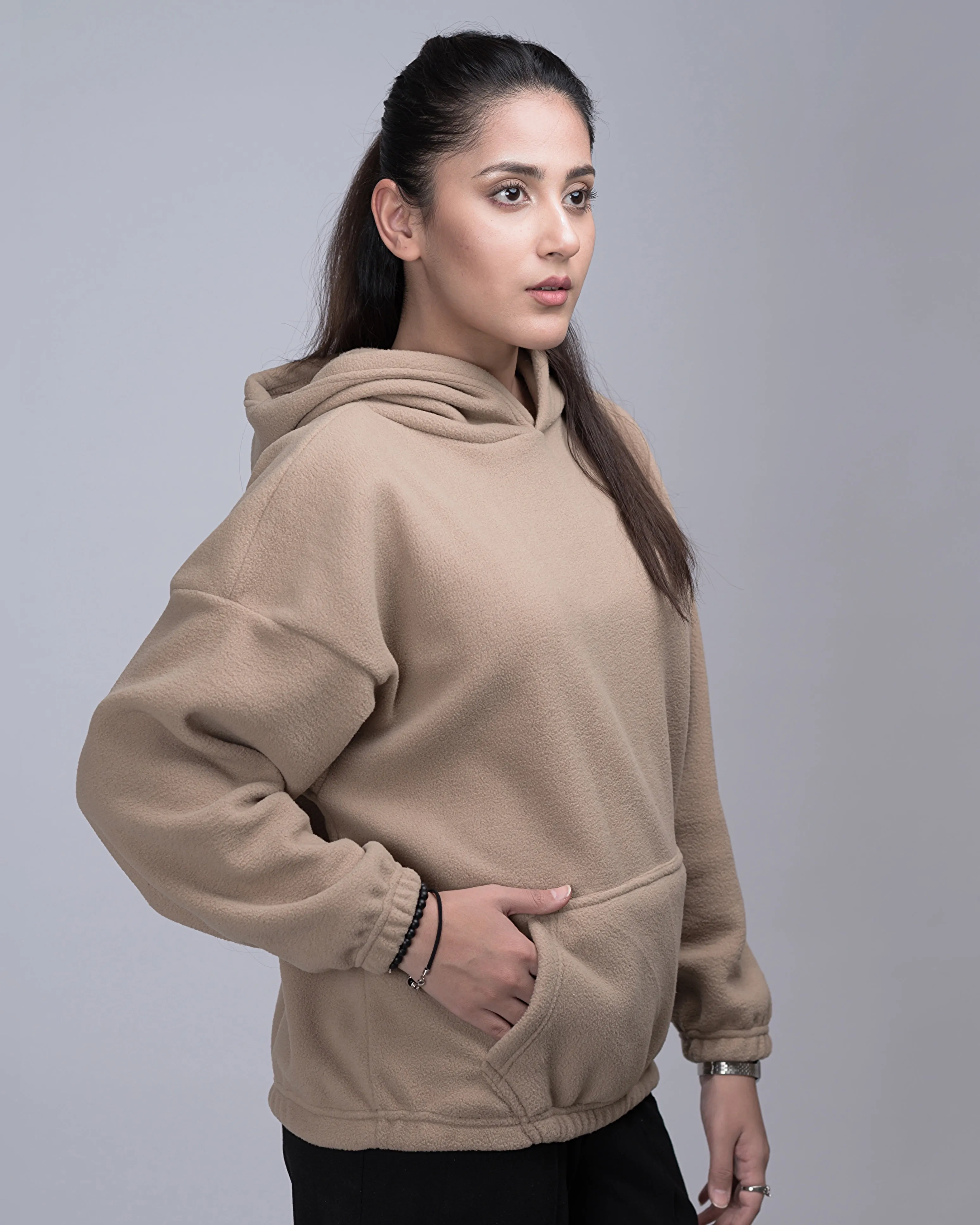 Polar Fleece Drop Shoulder Oversized Hood Beige