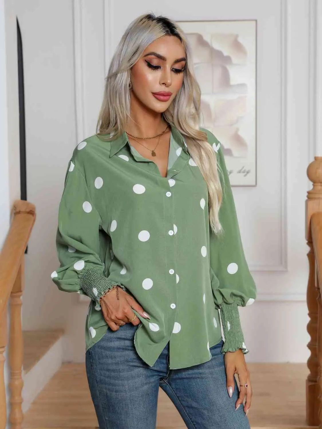 Polka Dot Collared Neck Buttoned Lantern Sleeve Shirt