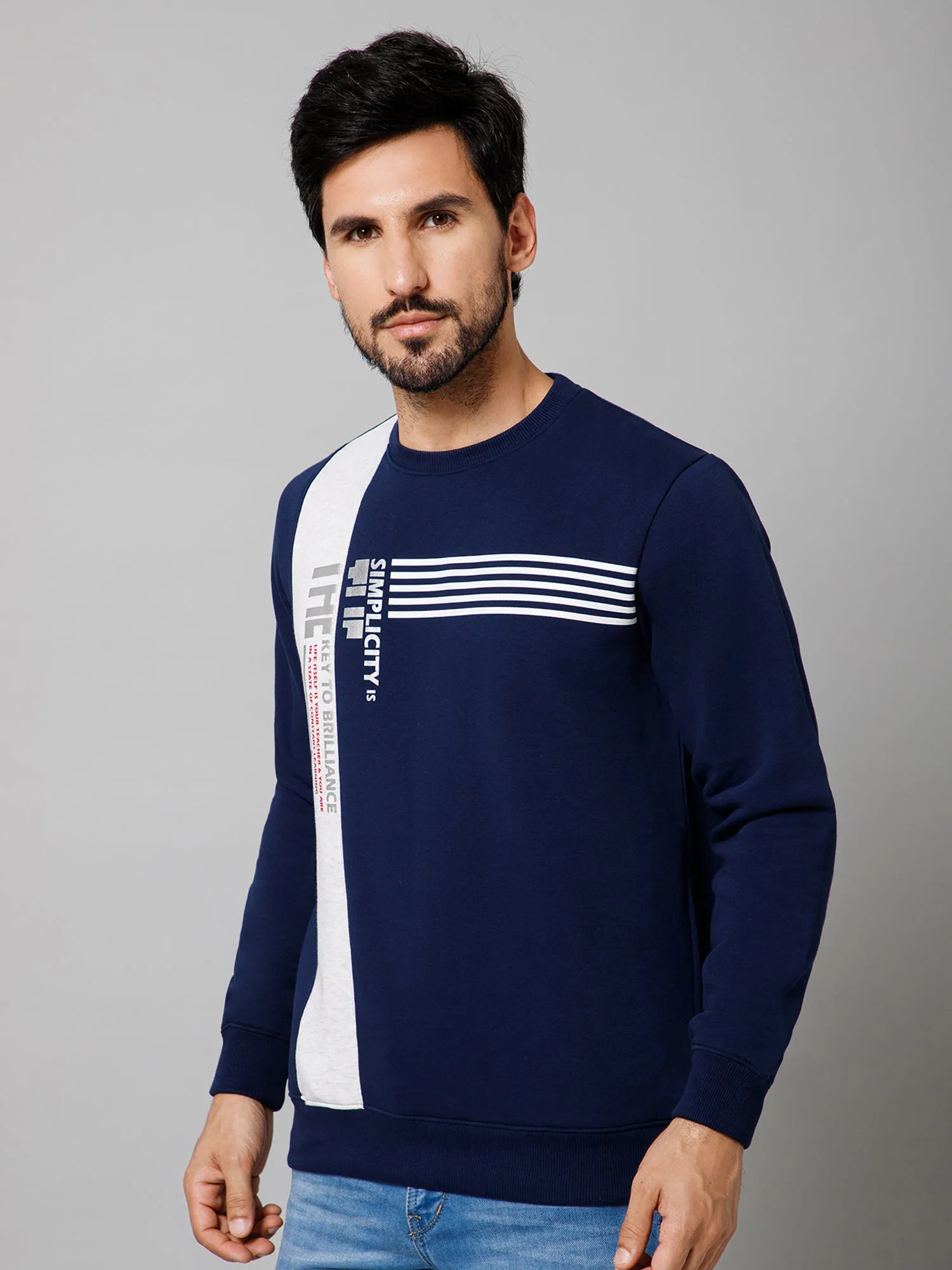 Printed Blue Full Sleeves Round Neck Regular Fit Casual Sweatshirt For Men