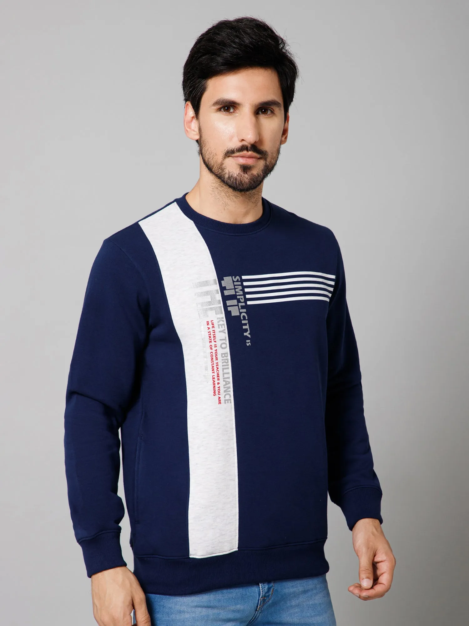 Printed Blue Full Sleeves Round Neck Regular Fit Casual Sweatshirt For Men