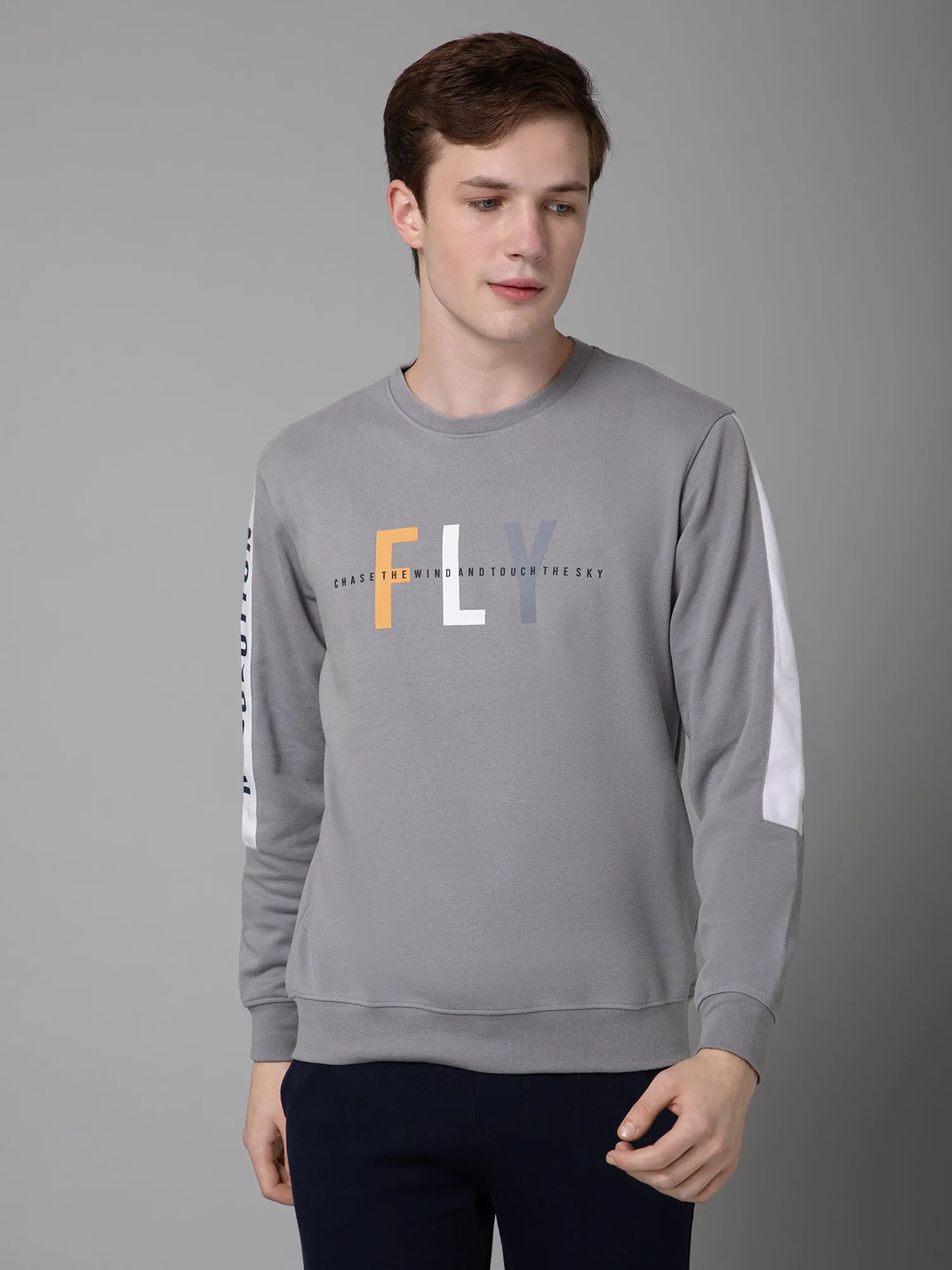 Printed Grey Full Sleeves Rounded Neck Regular Fit Casual Sweatshirt for Men