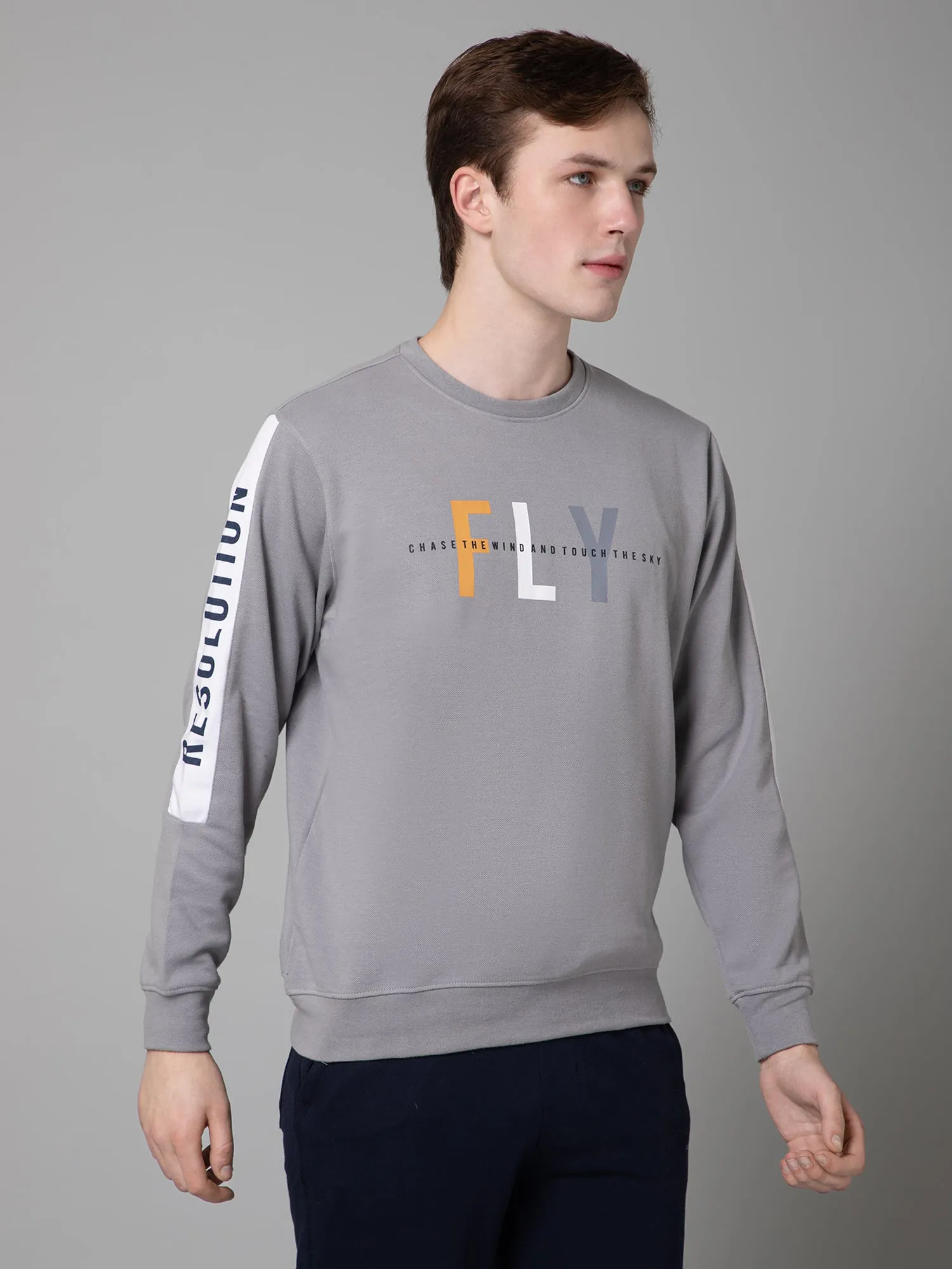 Printed Grey Full Sleeves Rounded Neck Regular Fit Casual Sweatshirt for Men