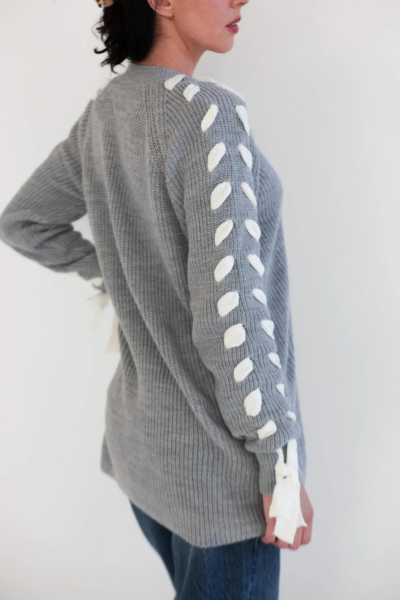 Ribbon Lace-Up Sleeve Knit Sweater