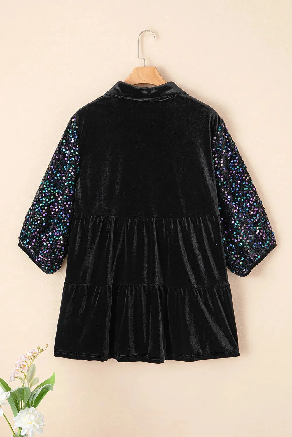 Sequin Collared Neck Three-Quarter Sleeve Oversize Shirt