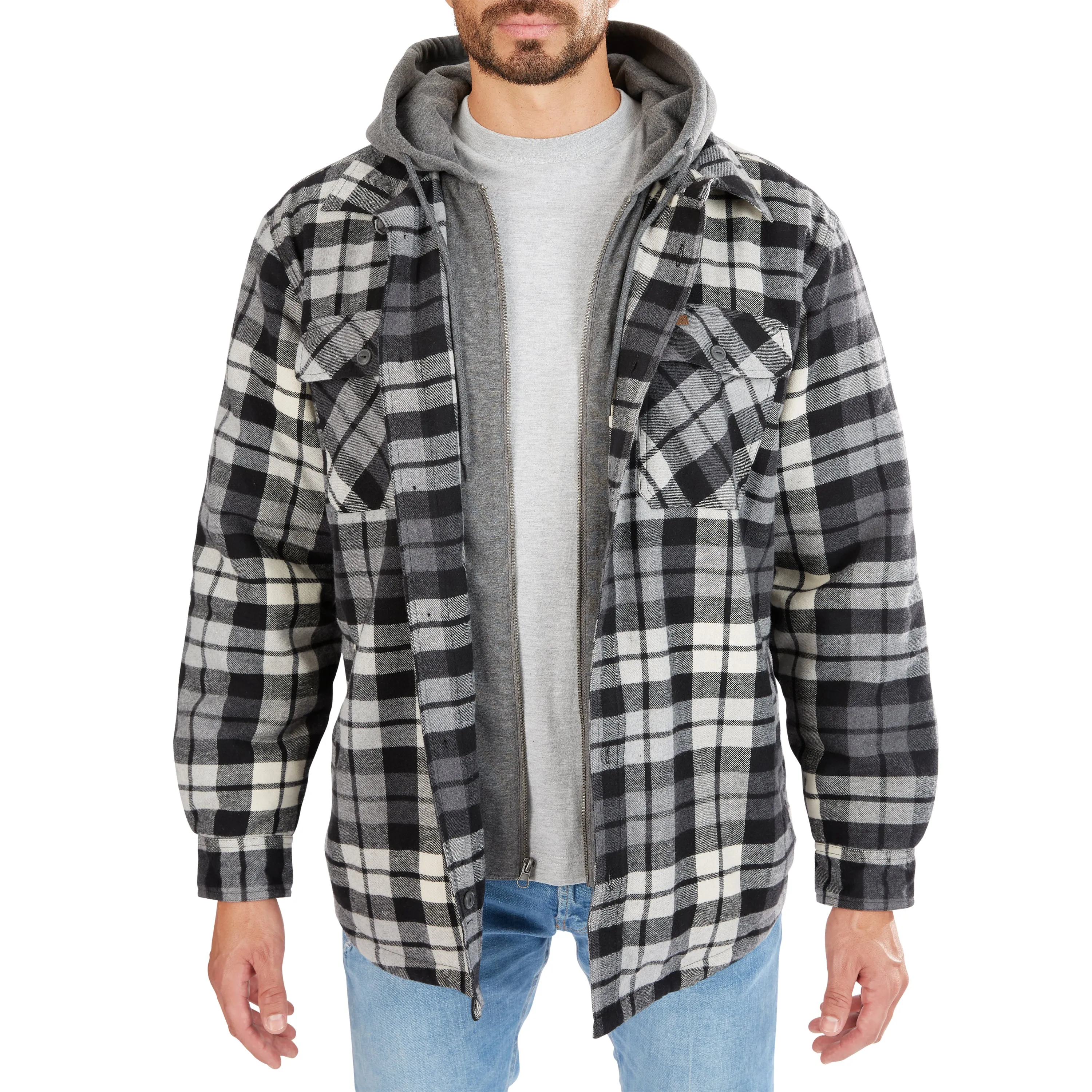 SHERPA-LINED HOODED FLANNEL SHIRT-JACKET