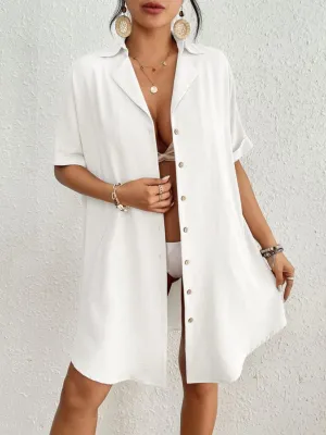 Solid Color White Button Up Cover Up Shirt