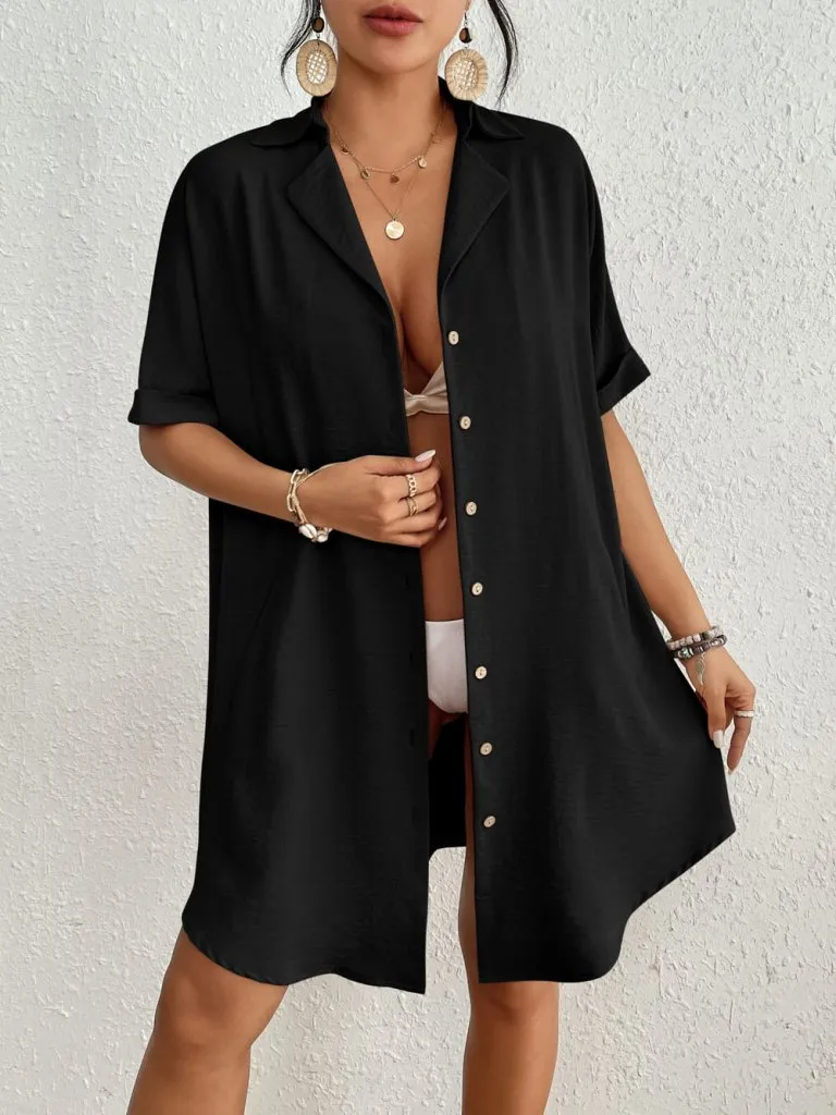 Solid Color White Button Up Cover Up Shirt