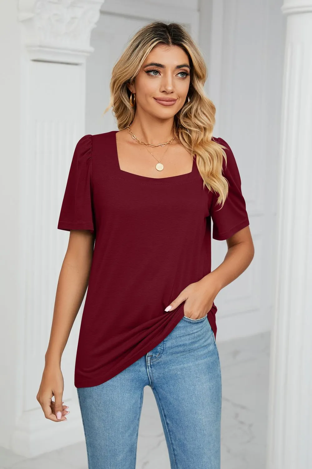 Square Neck Puff Sleeve T-Shirt