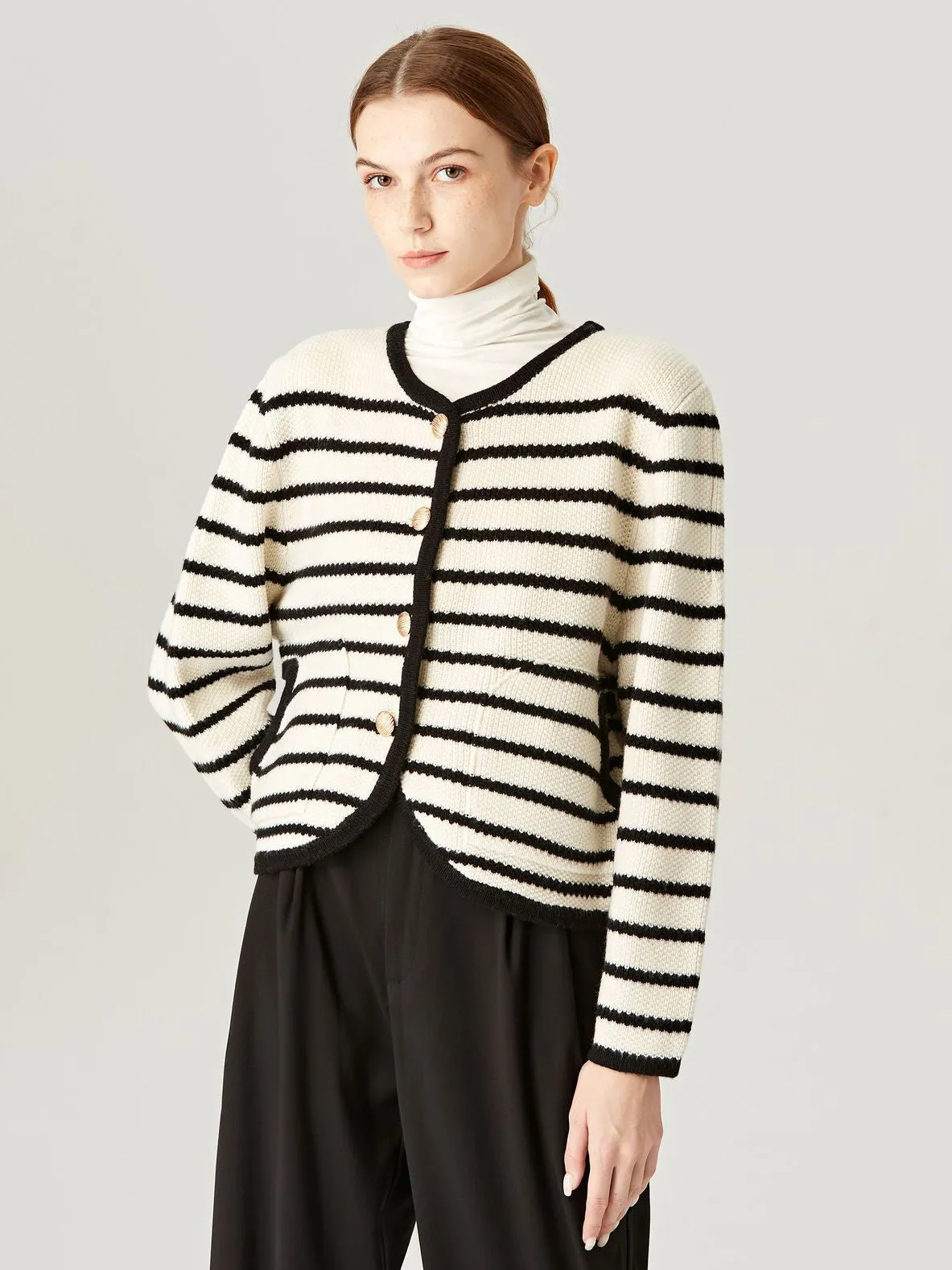 That Cozy Feeling Cream Stripe Knit Button-Up Cropped Wool Cardigan