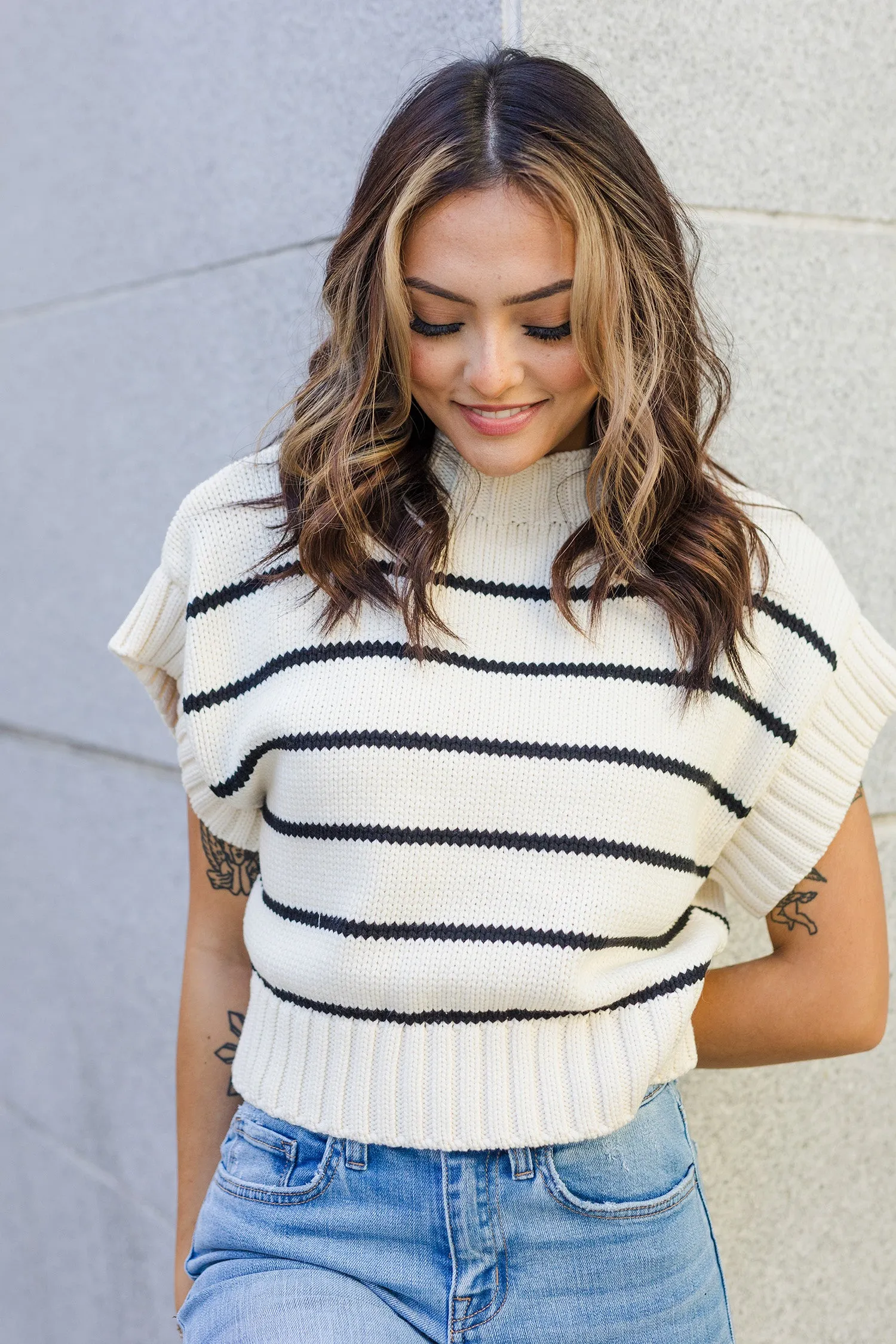 The Happiest Girl Striped Beige with Black Striped Sweater Top