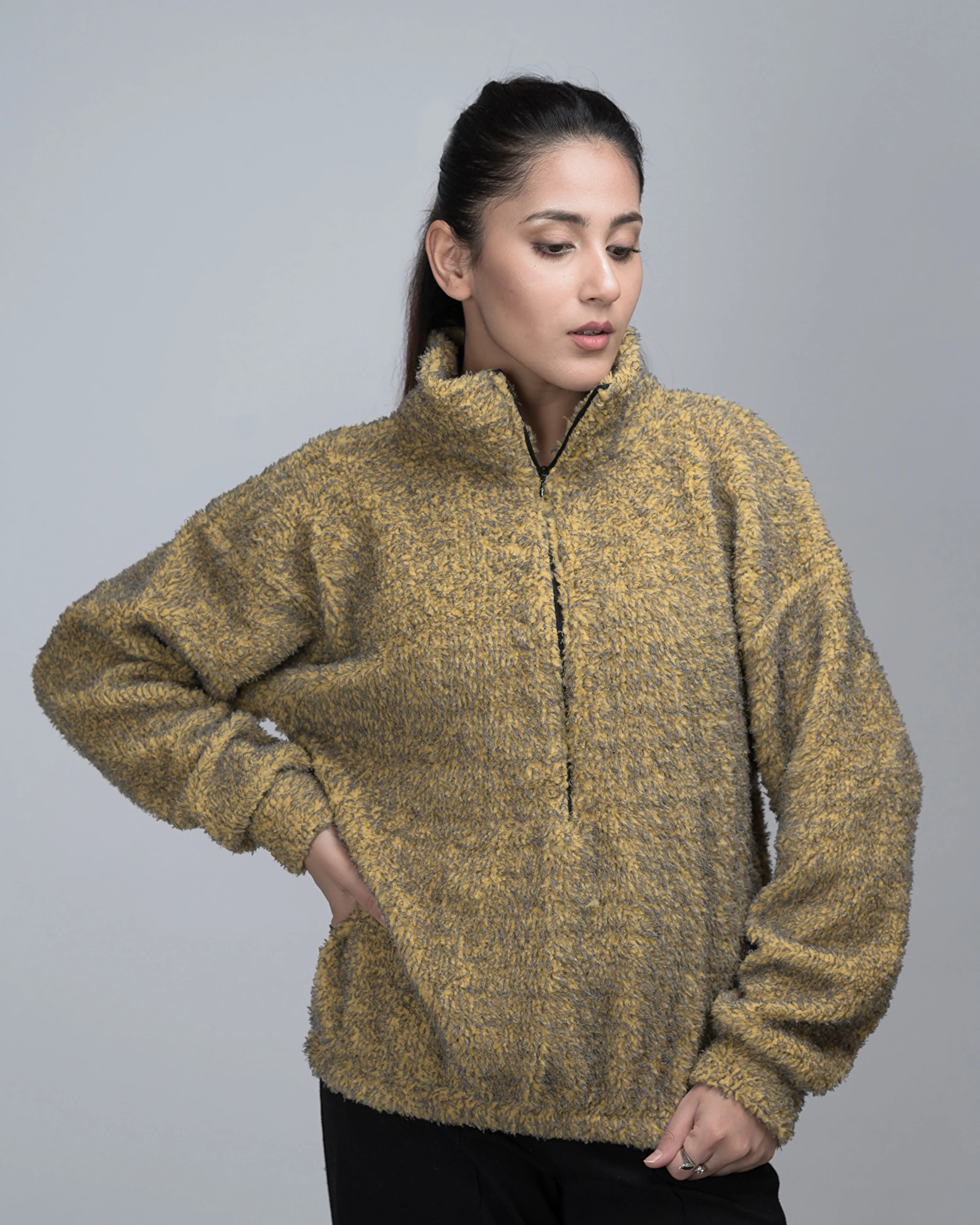 Tweed Woolen Sherpa Movkneck Half Zip Oversized Sweater