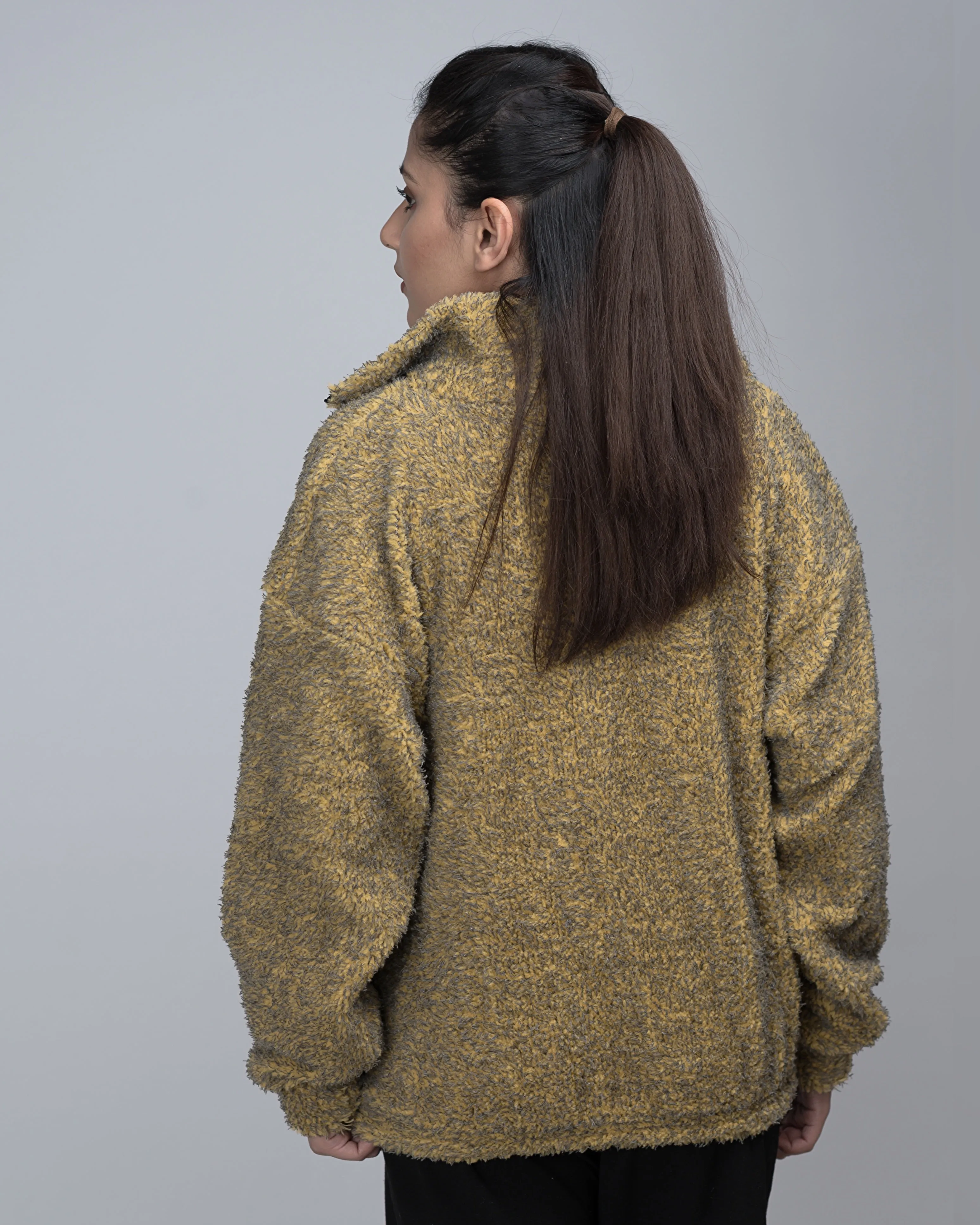 Tweed Woolen Sherpa Movkneck Half Zip Oversized Sweater