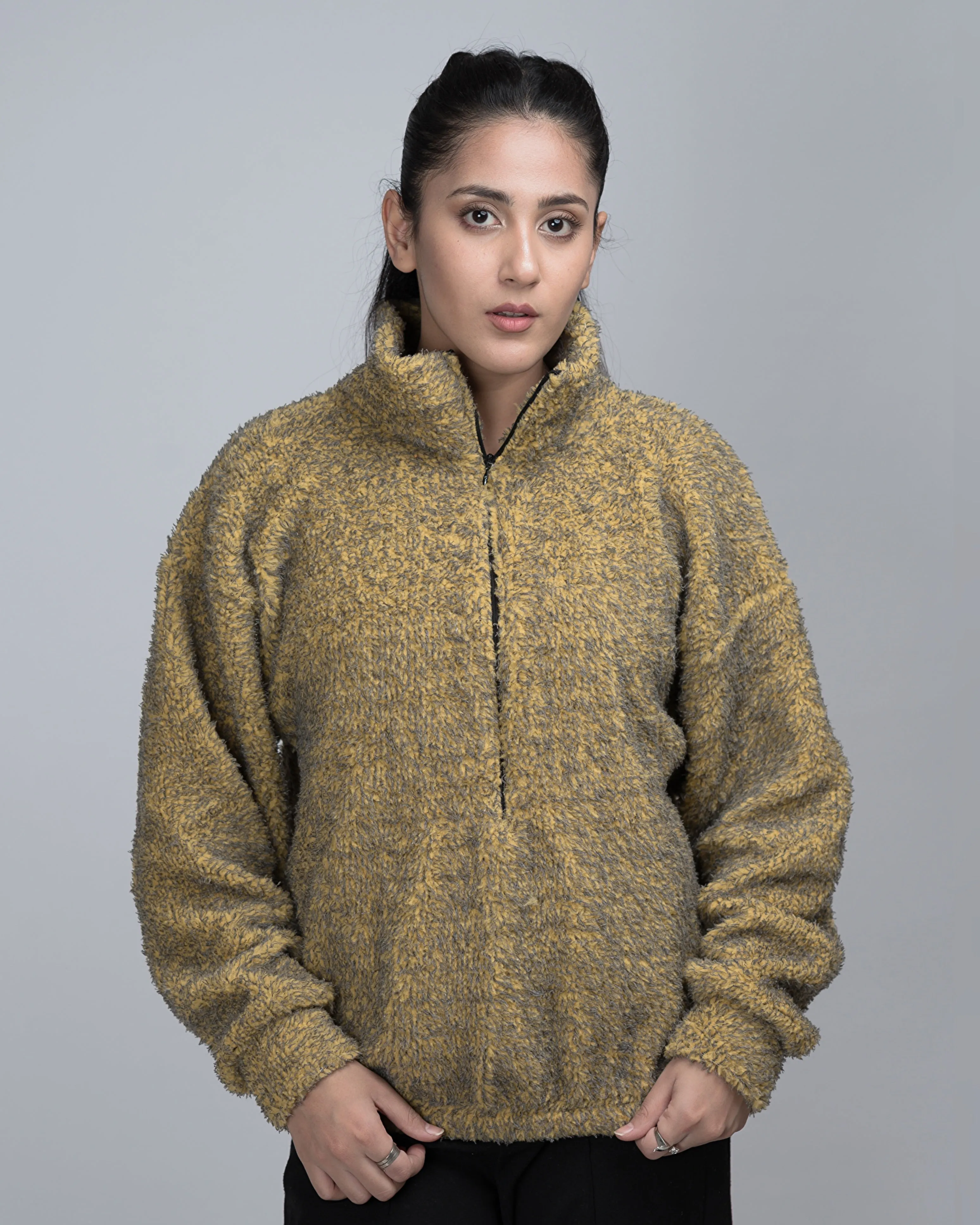 Tweed Woolen Sherpa Movkneck Half Zip Oversized Sweater