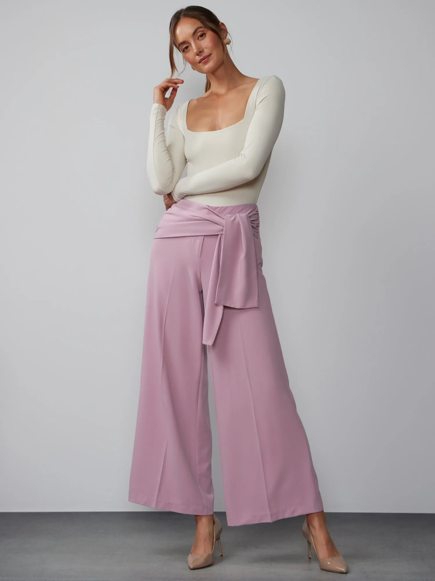 Twill Wide Leg Sash Belt Pants