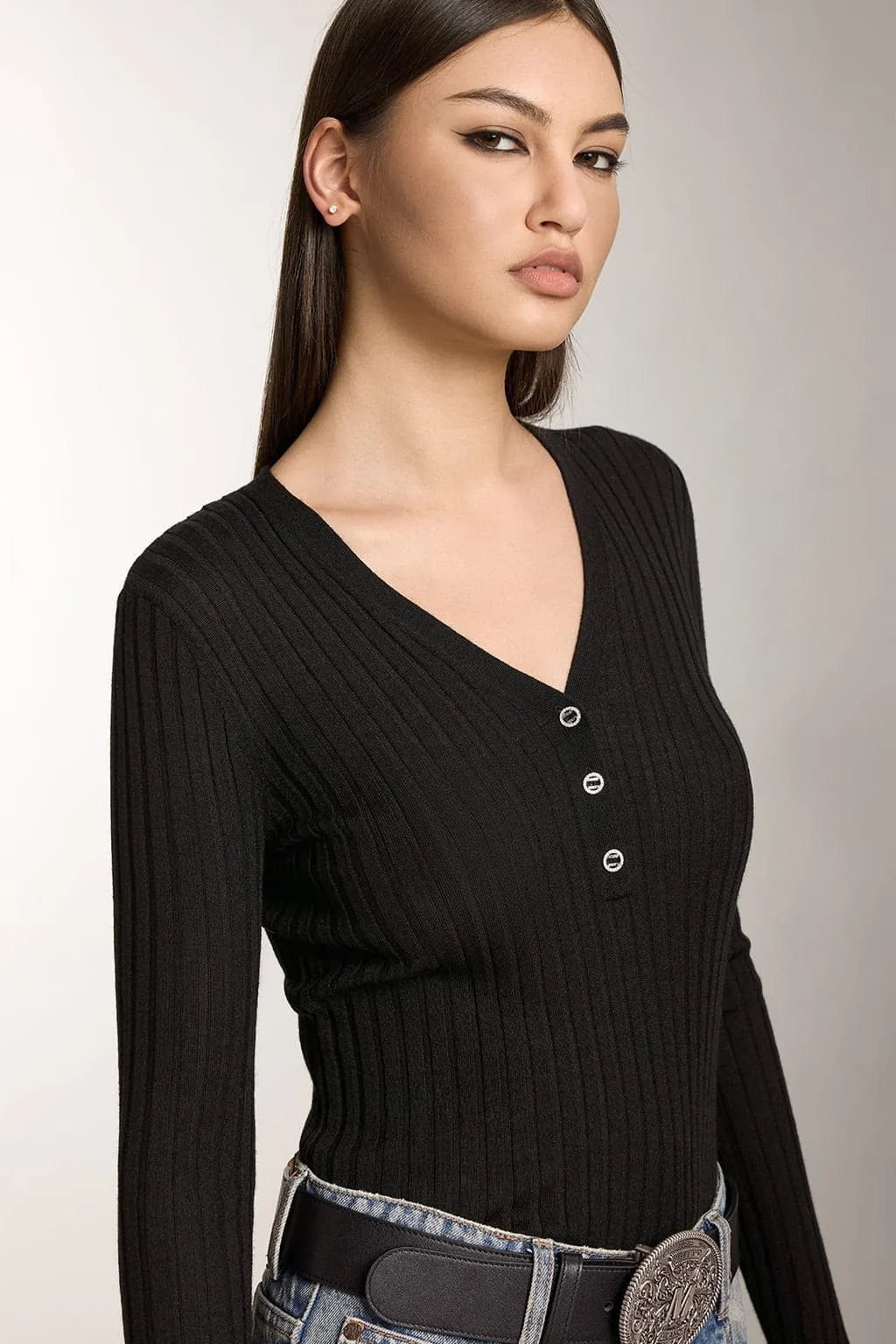 V-Neck Wool Knit Top With Crystal Buttons