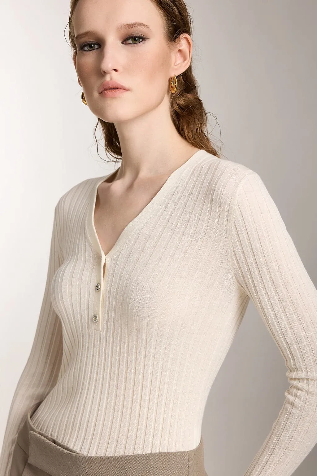 V-Neck Wool Knit Top With Crystal Buttons