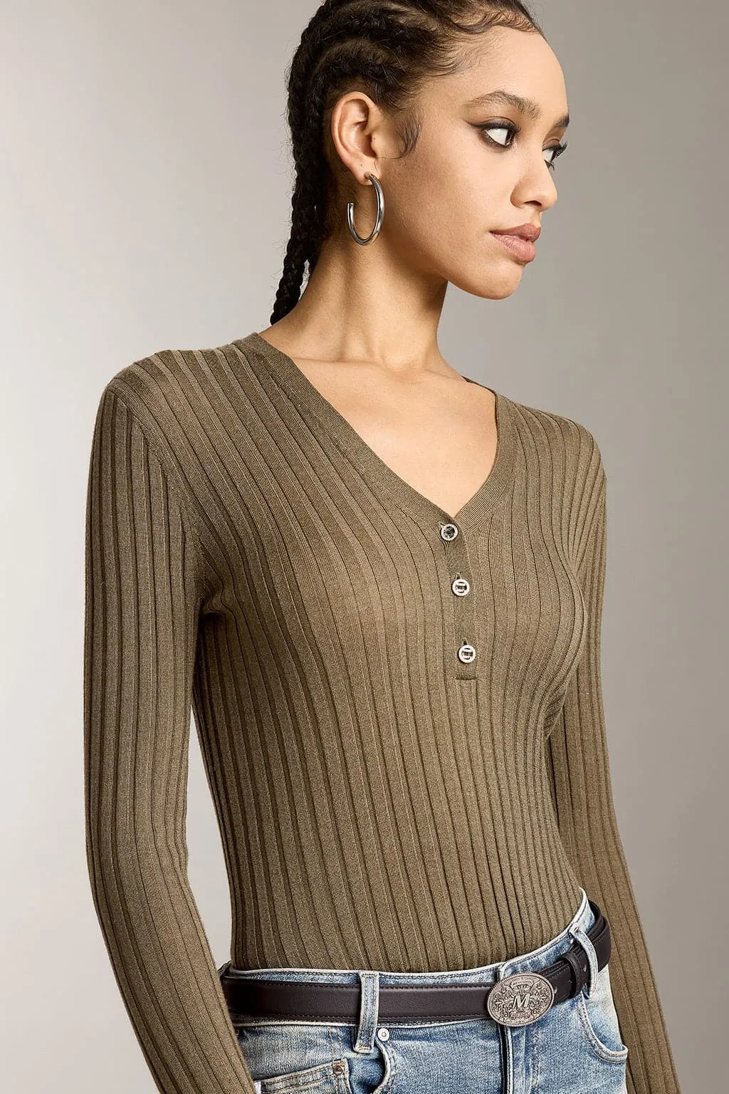 V-Neck Wool Knit Top With Crystal Buttons