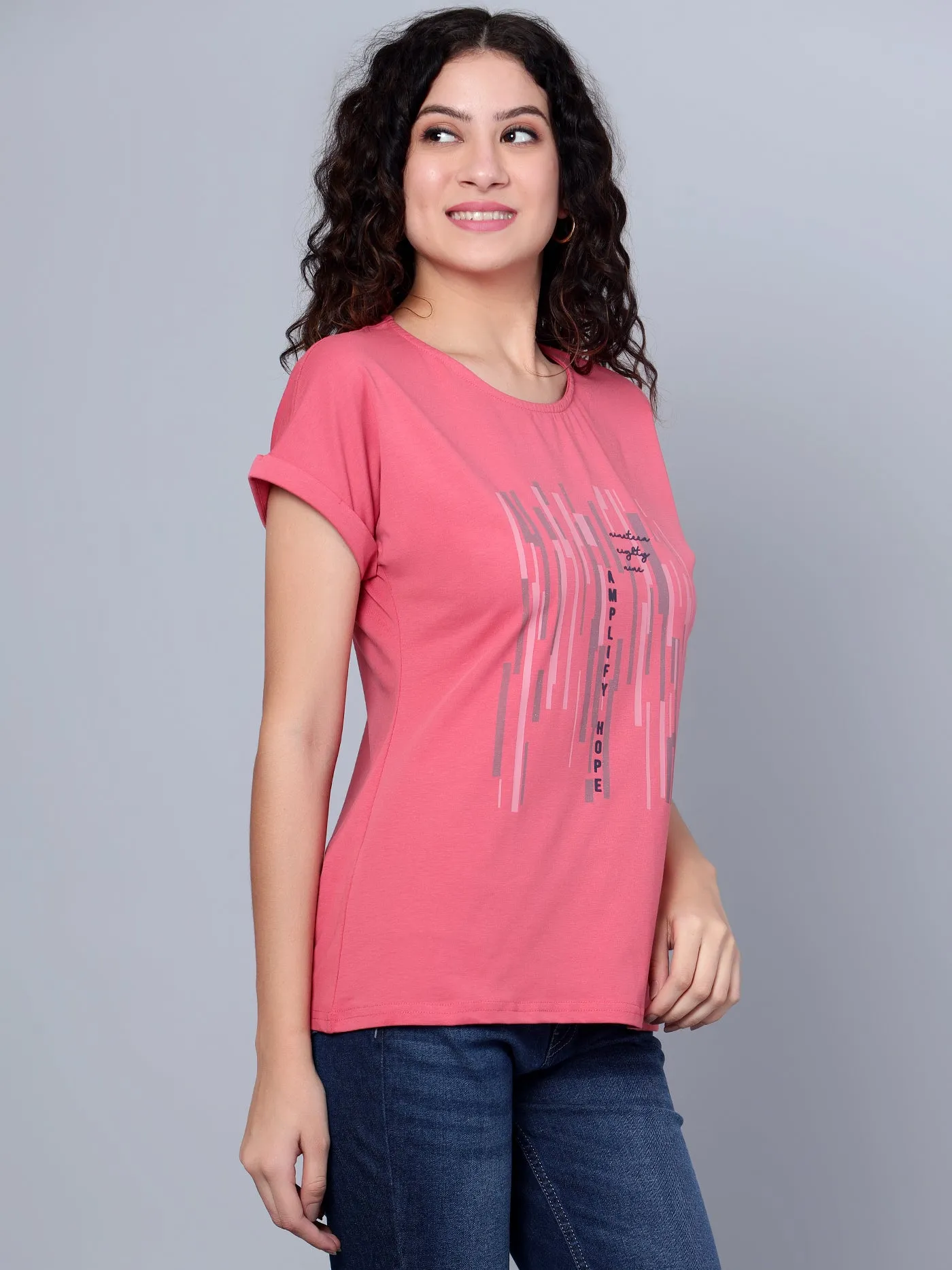 Women's Casual Extended Sleeve Dusty Pink Round neck Graphic Print T-Shirt