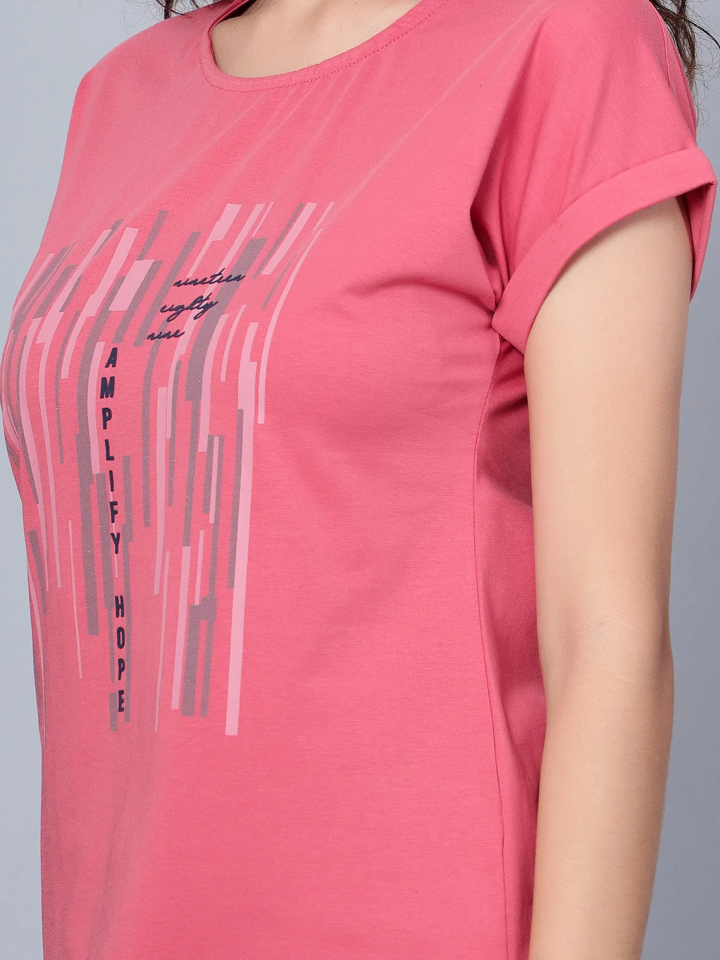 Women's Casual Extended Sleeve Dusty Pink Round neck Graphic Print T-Shirt