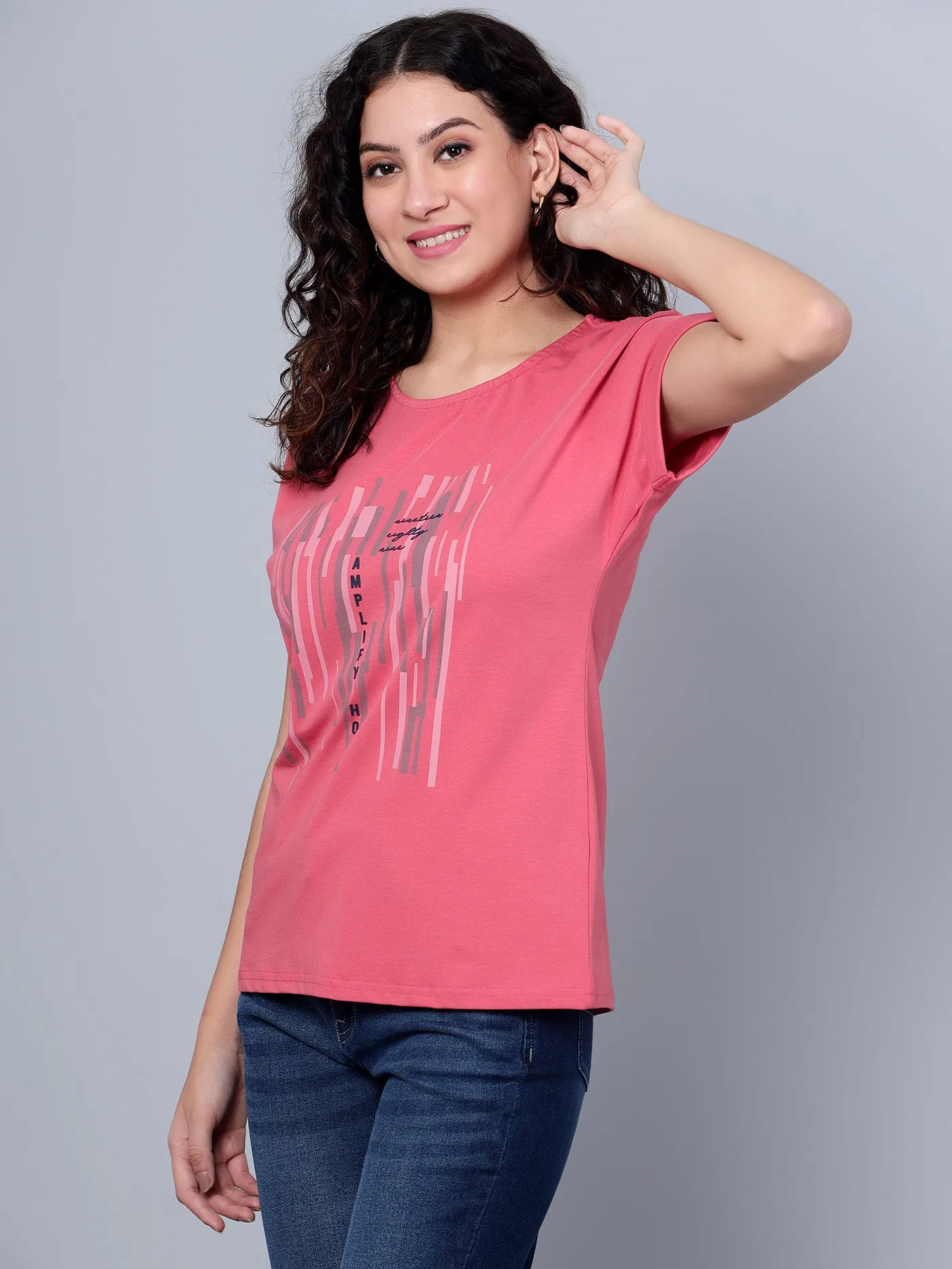 Women's Casual Extended Sleeve Dusty Pink Round neck Graphic Print T-Shirt