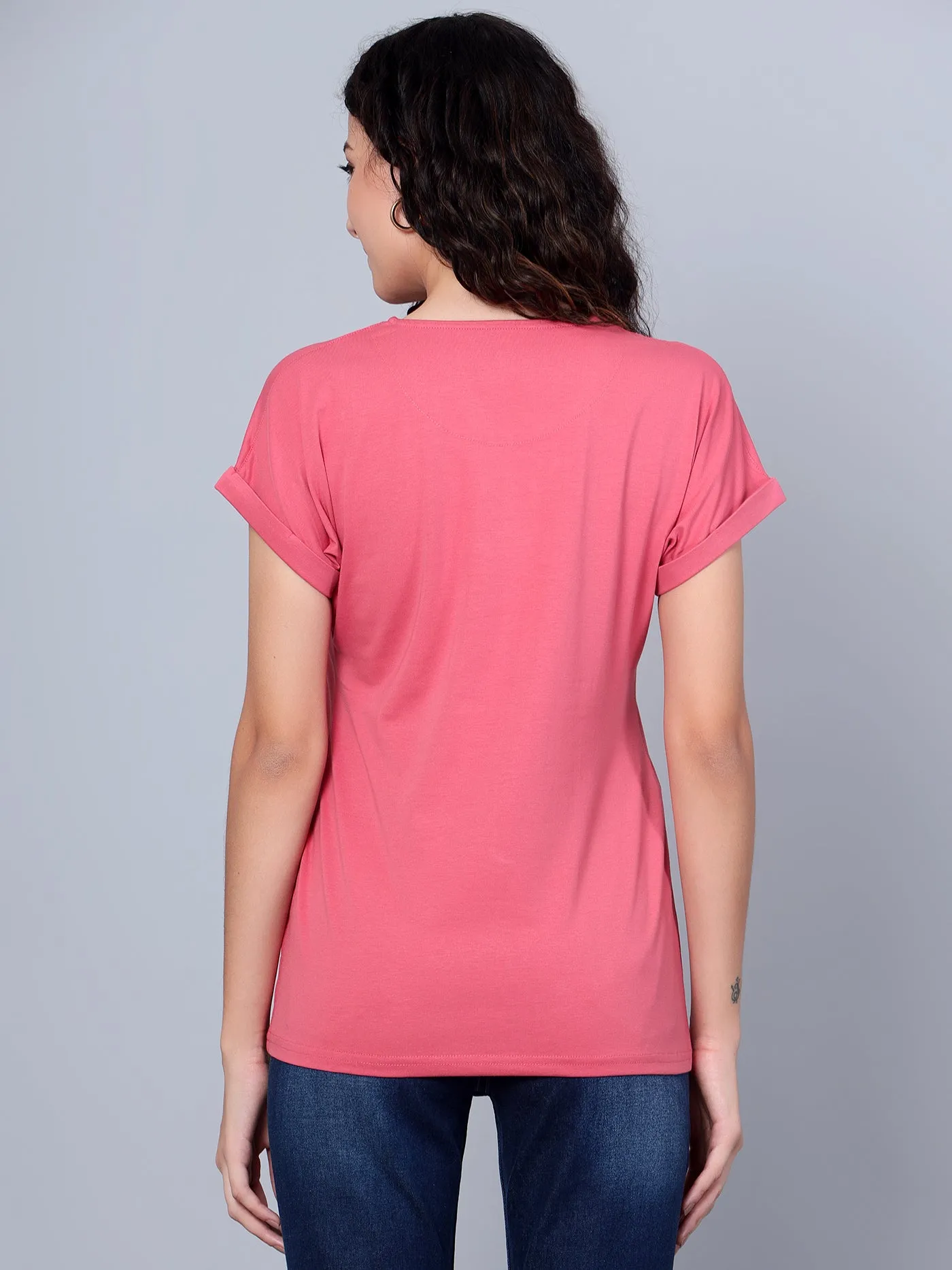 Women's Casual Extended Sleeve Dusty Pink Round neck Graphic Print T-Shirt