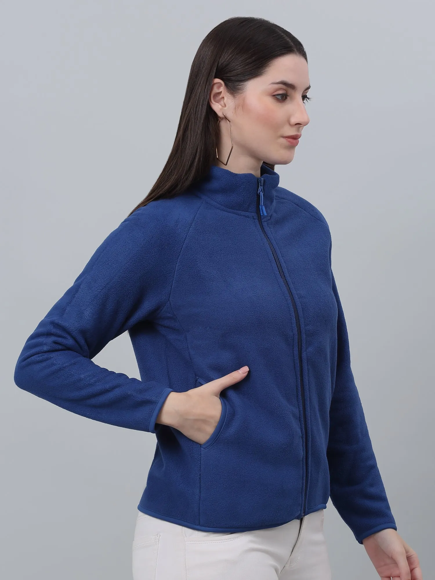 Women's Casual  Royal Blue Raglan Full Sleeve Zipthru  Fleece Sweatshirt