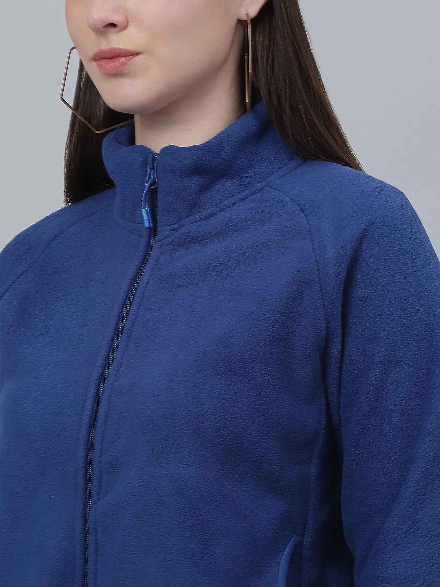 Women's Casual  Royal Blue Raglan Full Sleeve Zipthru  Fleece Sweatshirt